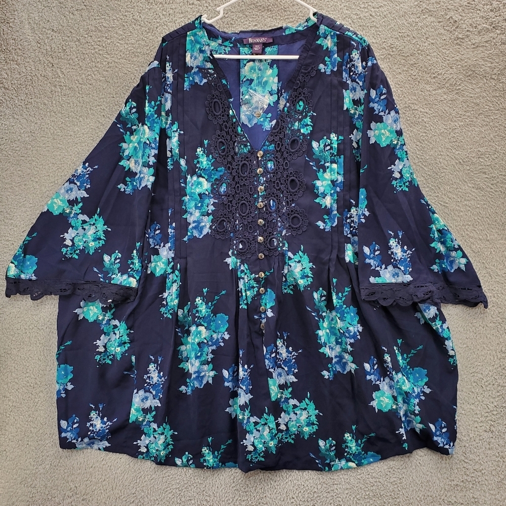 Roaman's Juliet Lace Blouse Shirt Long Women's Plus Size 36W Blue Floral